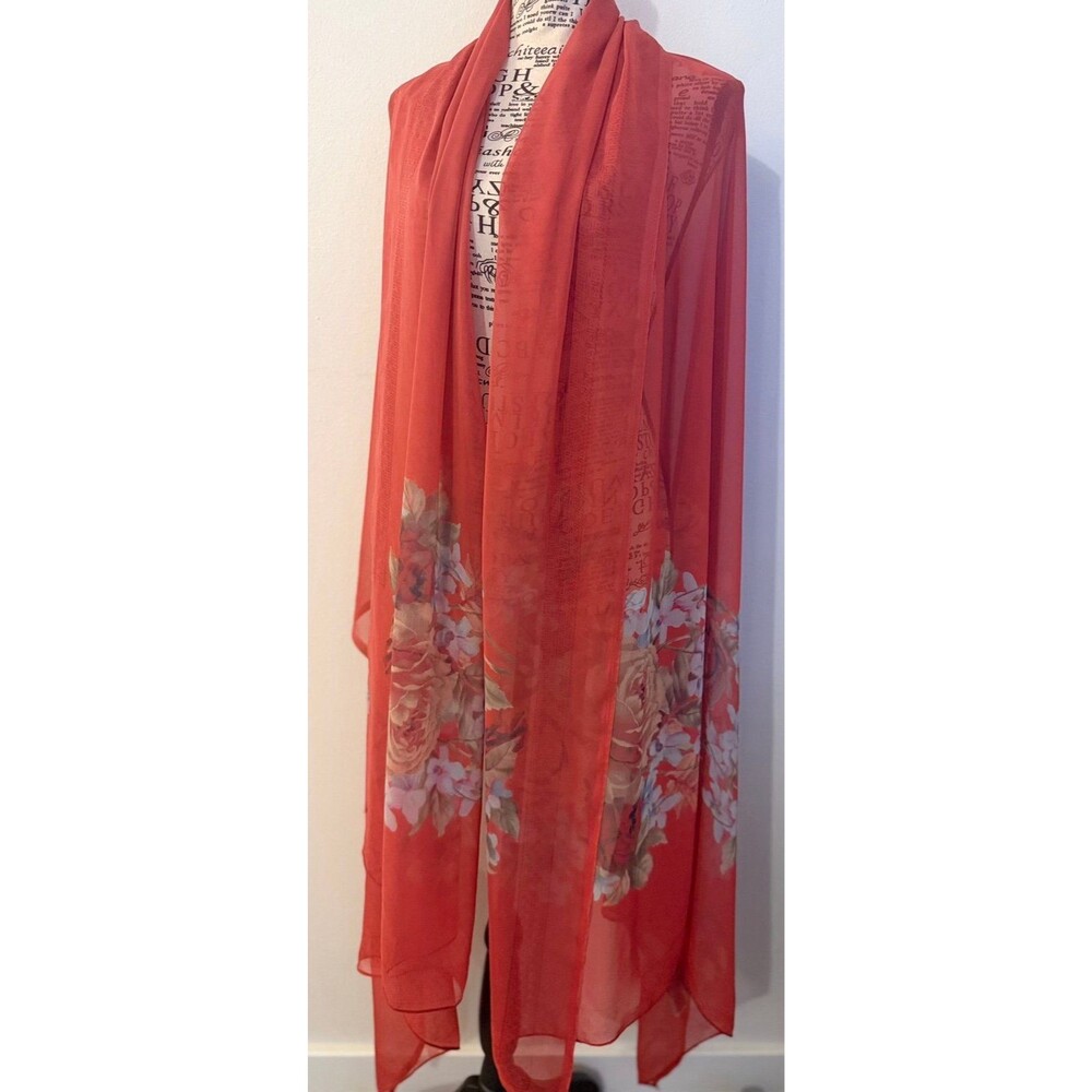 Extra long boho red/orange Floral Chiffon Scarf Shawl multiple ways to wear!
